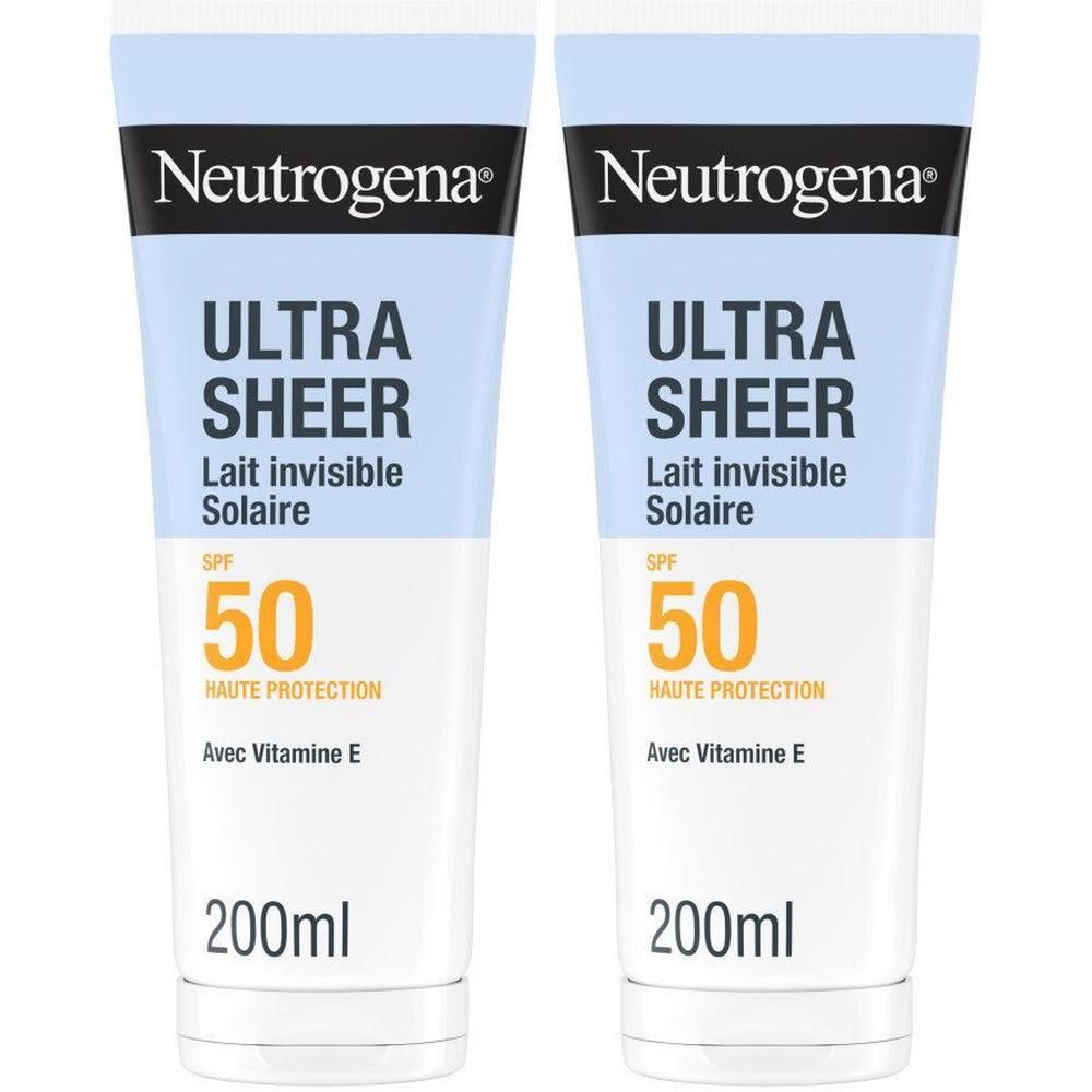 Deux tubes de lait solaire. Marque Neutrogena, Ultra Sheer, Lait invisible Solaire, SPF 50, 200ml.