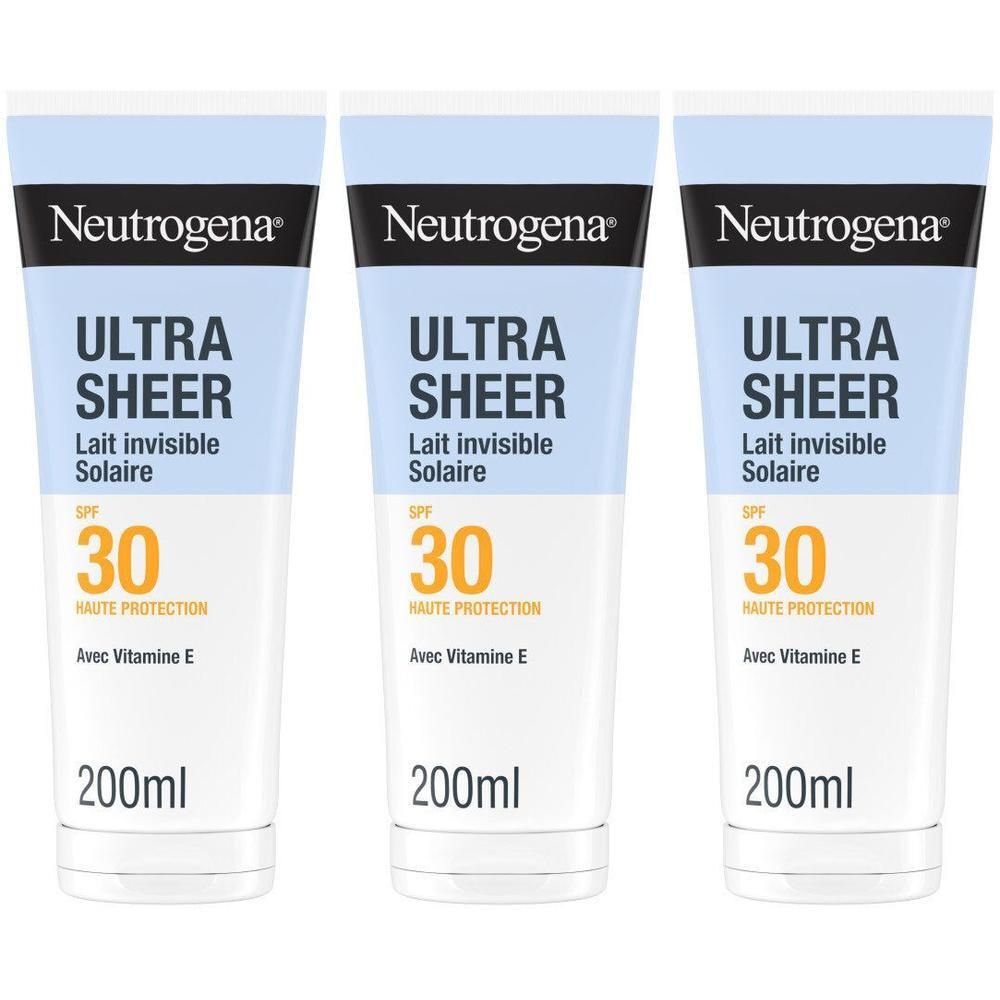 Trois tubes de Neutrogena Ultra Sheer Lait Solaire SPF30. Tubes blancs, bouchon bleu, texte noir. 200ml.