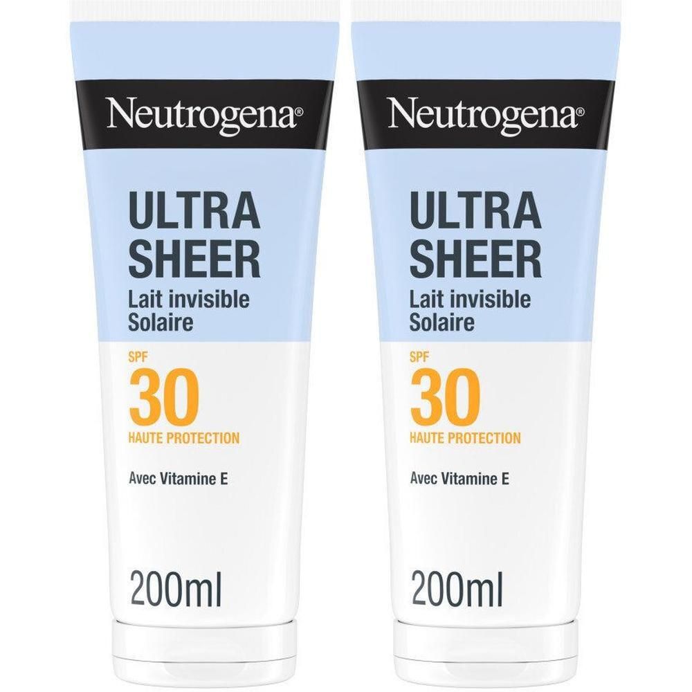 Deux tubes de lait solaire. Emballage bleu et blanc avec texte. Marque Neutrogena, Ultra Sheer, SPF 30, 200ml.
