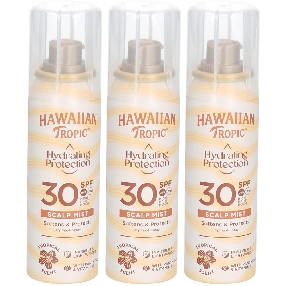 Trois sprays avec bouchons transparents. Inscription: Hawaiian Tropic, Hydrating Protection, SPF 30, Scalp Mist. Parfum tropical.