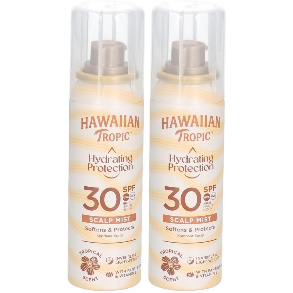 Deux sprays Hawaiian Tropic. Hydrating Protection SPF 30, Scalp Mist. Bouchon transparent.