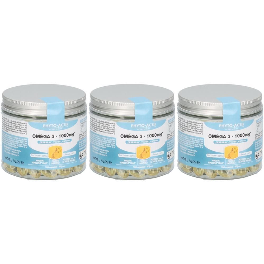 Trois pots avec couvercles argentés et étiquettes bleues. Les étiquettes indiquent "PHYTO-ACTI OMEGA 3 - 1000mg". Les pots sont remplis de gélules.