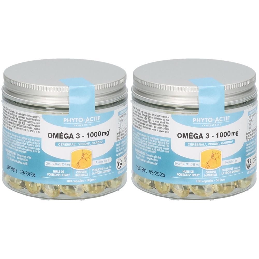 Deux pots de gélules. L'étiquette indique : PHYTO-ACTIF, Oméga 3 - 1000mg. Les gélules sont visibles dans un récipient transparent.