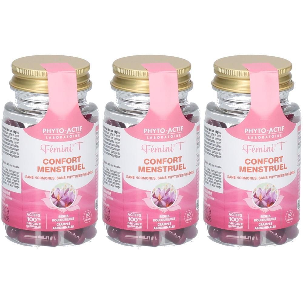 Trois flacons en verre contenant des gélules. Chaque flacon porte l'inscription "Fémini'T CONFORT MENSTRUEL" et "PHYTO-ACTIF". Étiquette rose.