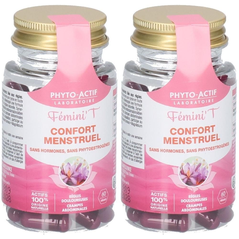 Deux flacons de gélules. Étiquette rose avec texte Fémini'T Confort Menstruel. Bouchon doré. Flacons transparents avec gélules rouges.