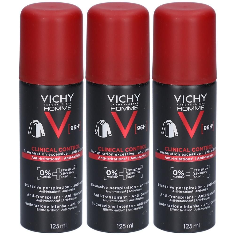 Trois sprays déodorants. Flacons noirs avec bouchons rouges. Inscription blanche: VICHY HOMME, CLINICAL CONTROL, 96H. 125 ml.