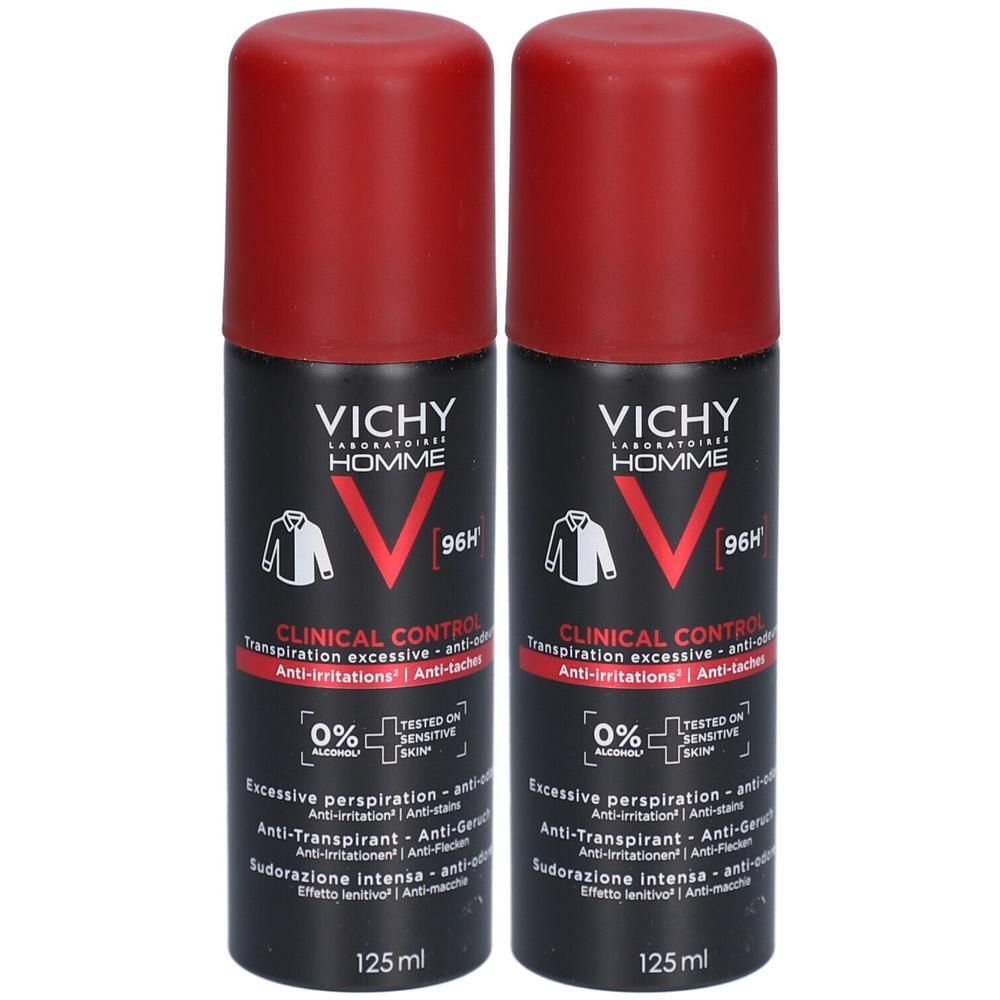 Deux sprays déodorants avec bouchon rouge. Boîte noire avec texte blanc: VICHY HOMME, CLINICAL CONTROL. 96H. 0% alcool. 125 ml.
