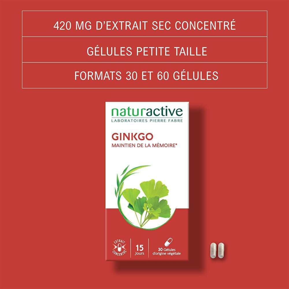 Fond rouge. Texte : « 420 MG D'EXTRAIT SEC CONCENTRÉ ». « FORMATS 30 ET 60 GÉLULES ». Boîte de 30 gélules et deux gélules.
