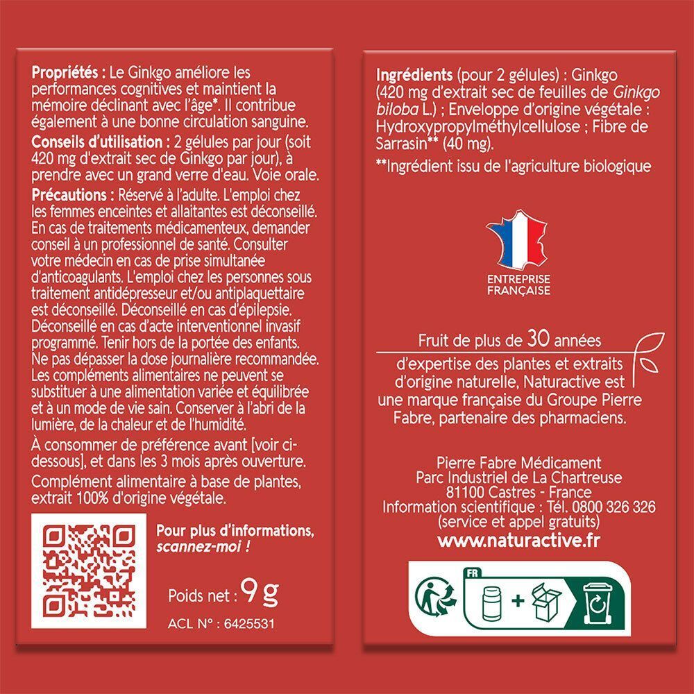 Fond rouge. Texte et informations sur NATURACTIVE. Code QR. Poids : 9g. Fabriqué en France.