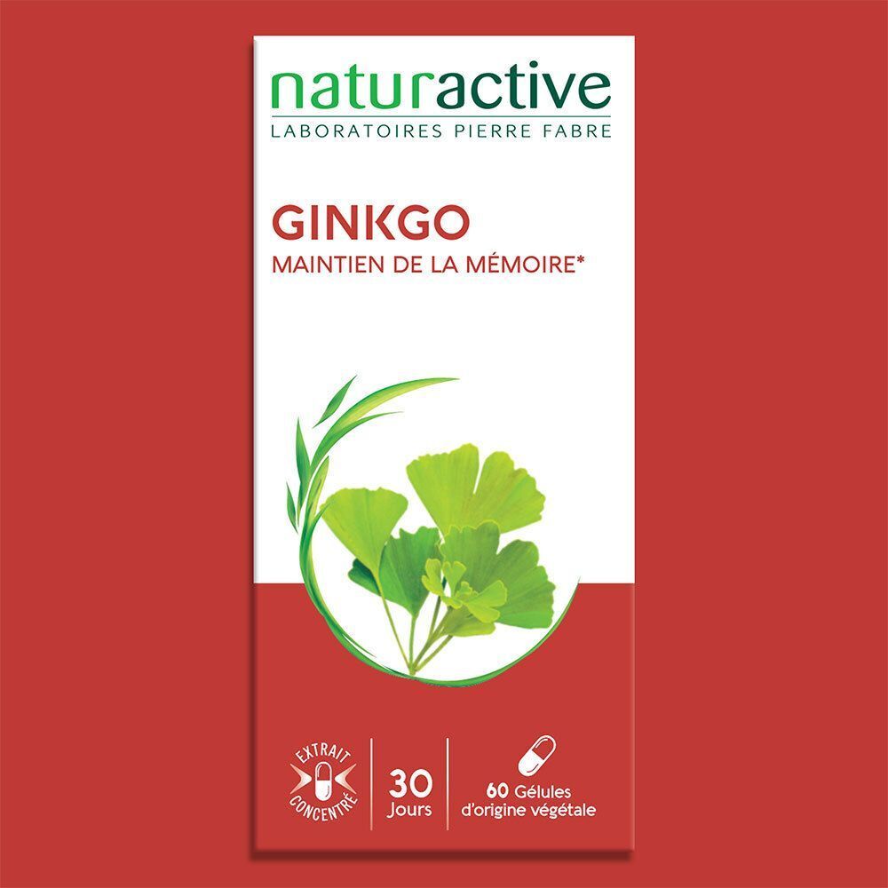 Emballage du produit. Inscription: NATURACTIVE GINKGO. Contient 60 gélules. Emballage rouge avec illustration de feuille de ginkgo.