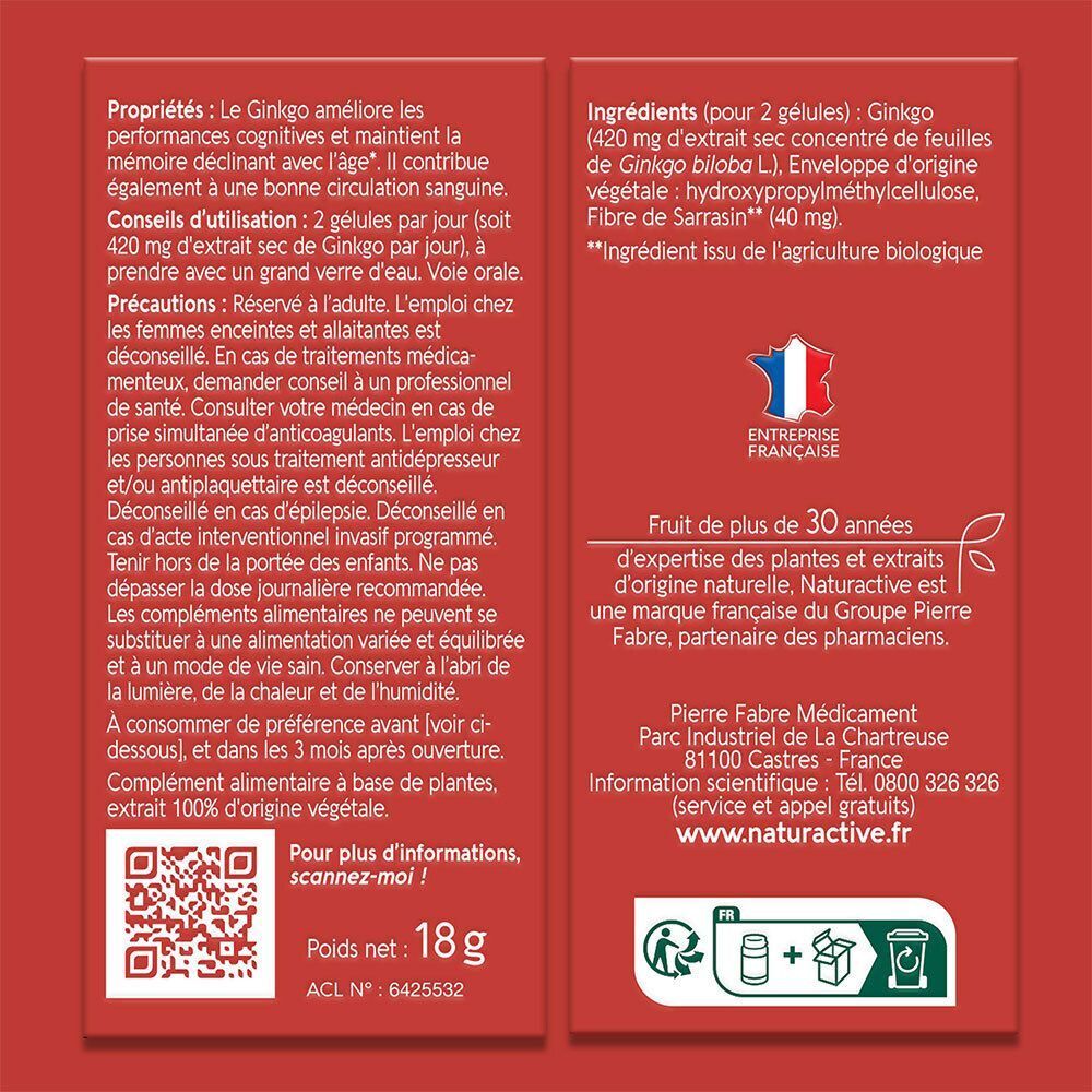 Dos de la boîte avec texte. Contient des informations sur les ingrédients, l'utilisation, les avertissements et le fabricant.