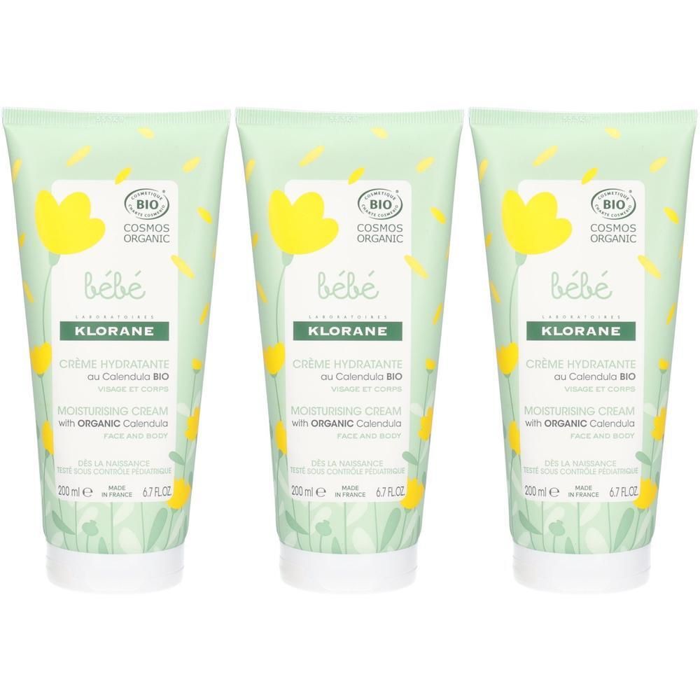 Trois tubes de crème. Vert clair avec fleurs jaunes. Inscription: bébé, KLORANE, Crème hydratante au Calendula BIO. Certification Cosmos Organic.