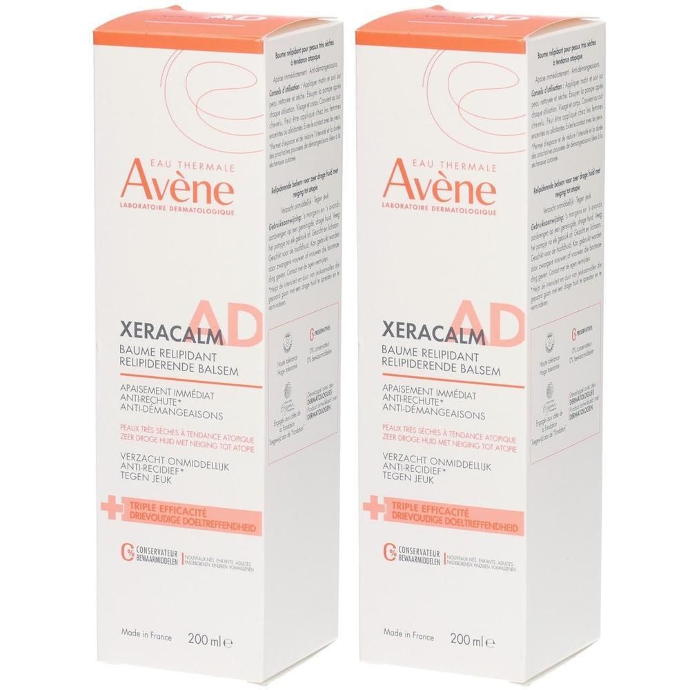 Deux boîtes blanches avec accents orange. Inscription : Avène XERACALM AD Baume relipidant. 200 ml. Logos et texte multilingues.