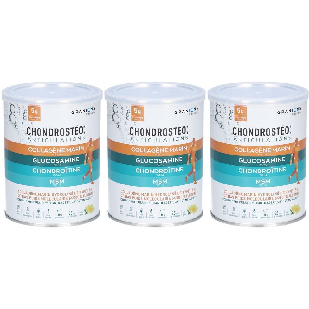 Trois boîtes de Chondrostéo+ Collagène Marin. Contient collagène, glucosamine, chondroïtine et MSM.