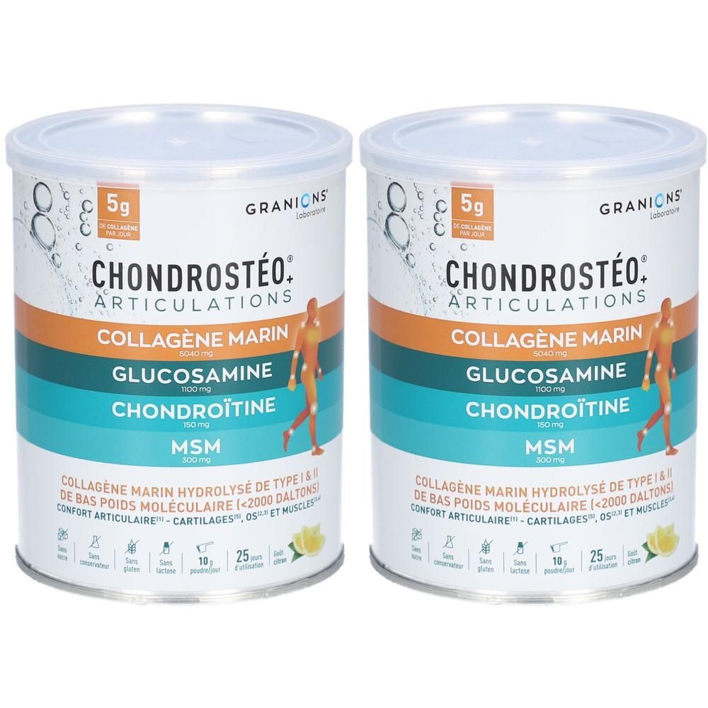 Deux boîtes de Chondrostéo+ Collagène. Contient glucosamine, chondroïtine et MSM.