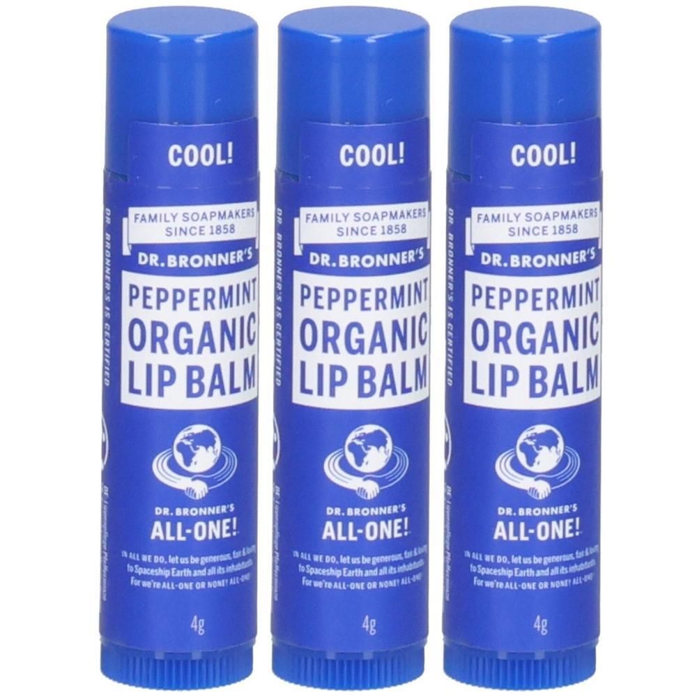 Trois sticks de baume à lèvres bleus. Inscription : DR. BRONNER'S, menthe poivrée, baume à lèvres bio. Avec bouchon. Inscription : COOL !