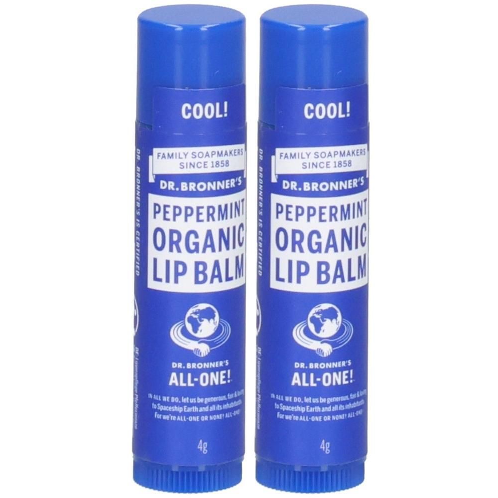 Deux sticks de baume à lèvres bleus. Inscription: DR. BRONNER'S, Peppermint, Organic Lip Balm. Avec bouchon et 4g.