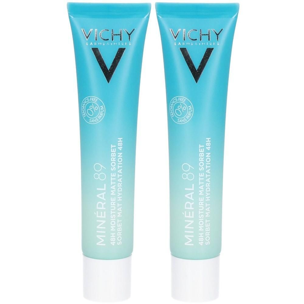Deux tubes de VICHY MINERAL 89. Tubes turquoise avec bouchon blanc. Inscription : MINERAL 89, 48H MOISTURE MATTE SORBET.