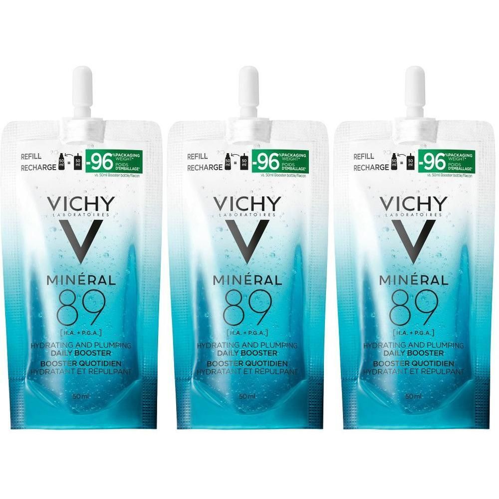Trois recharges VICHY MINERAL89. Embout blanc, emballage transparent avec dégradé bleu. Inscriptions : VICHY, MINERAL 89, Booster.