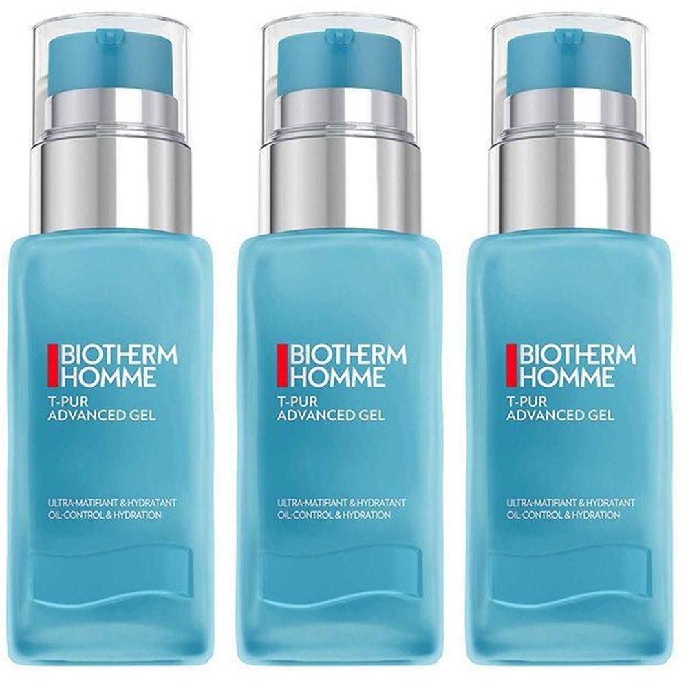 Trois flacons bleus avec pompes argentées. Chaque flacon porte l'inscription BIOTHERM HOMME T-PUR ADVANCED GEL.