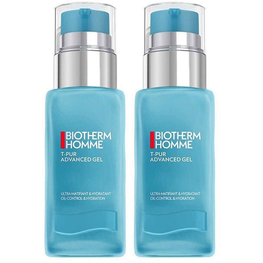 Deux flacons bleus avec pompes argentées. Inscription: BIOTHERM HOMME T-PUR ADVANCED GEL.
