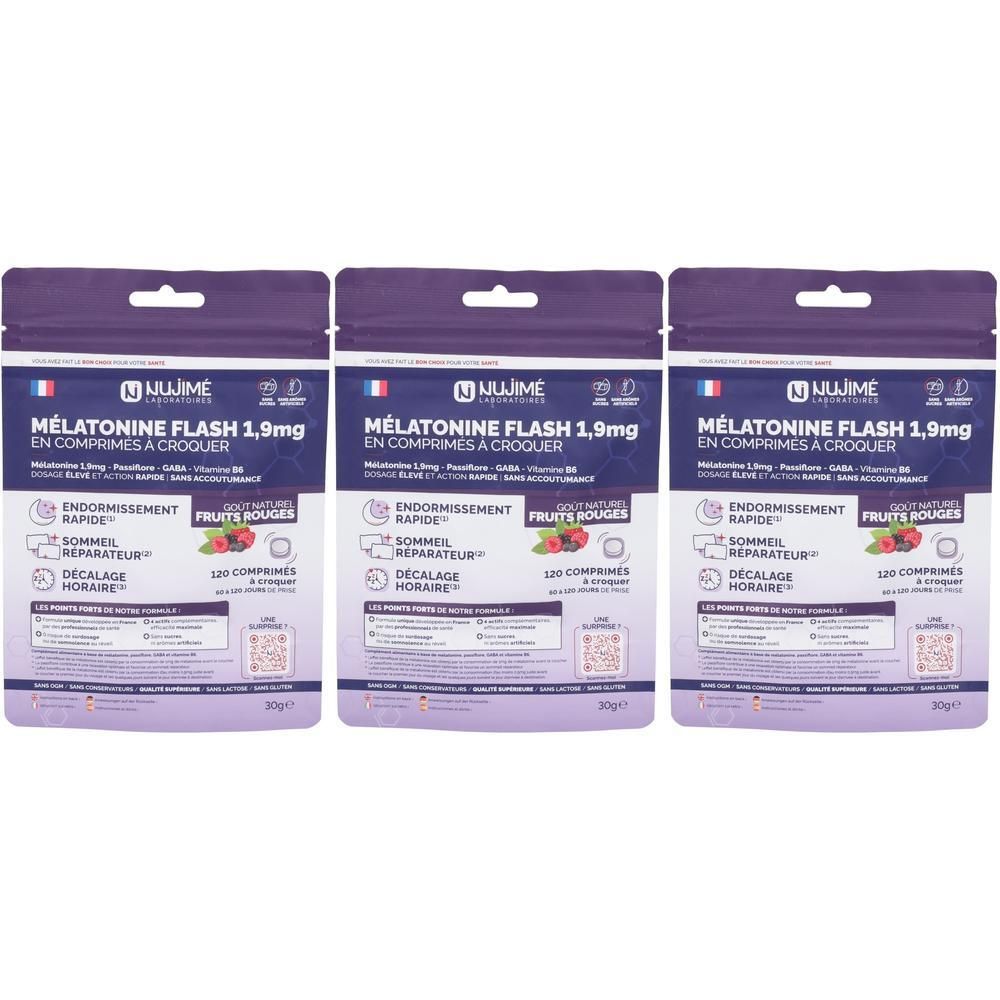 Trois sachets de Mélatonine Flash 1,9mg. Inscription : « En comprimés à croquer ». Contient 120 comprimés. Marque : Nujime.