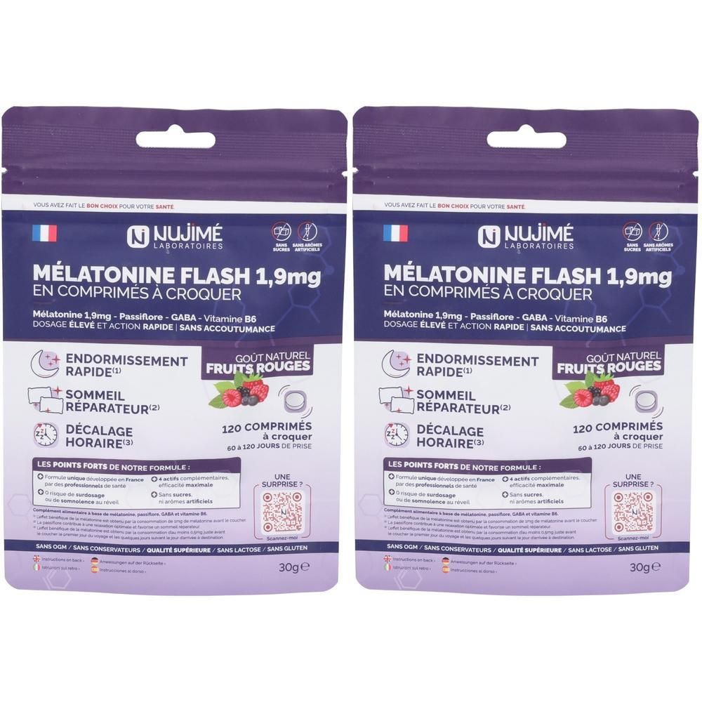 Deux sachets de comprimés. Inscription : Mélatonine Flash 1,9mg, 120 comprimés. Goût fruits rouges. Marque : Nujimé.