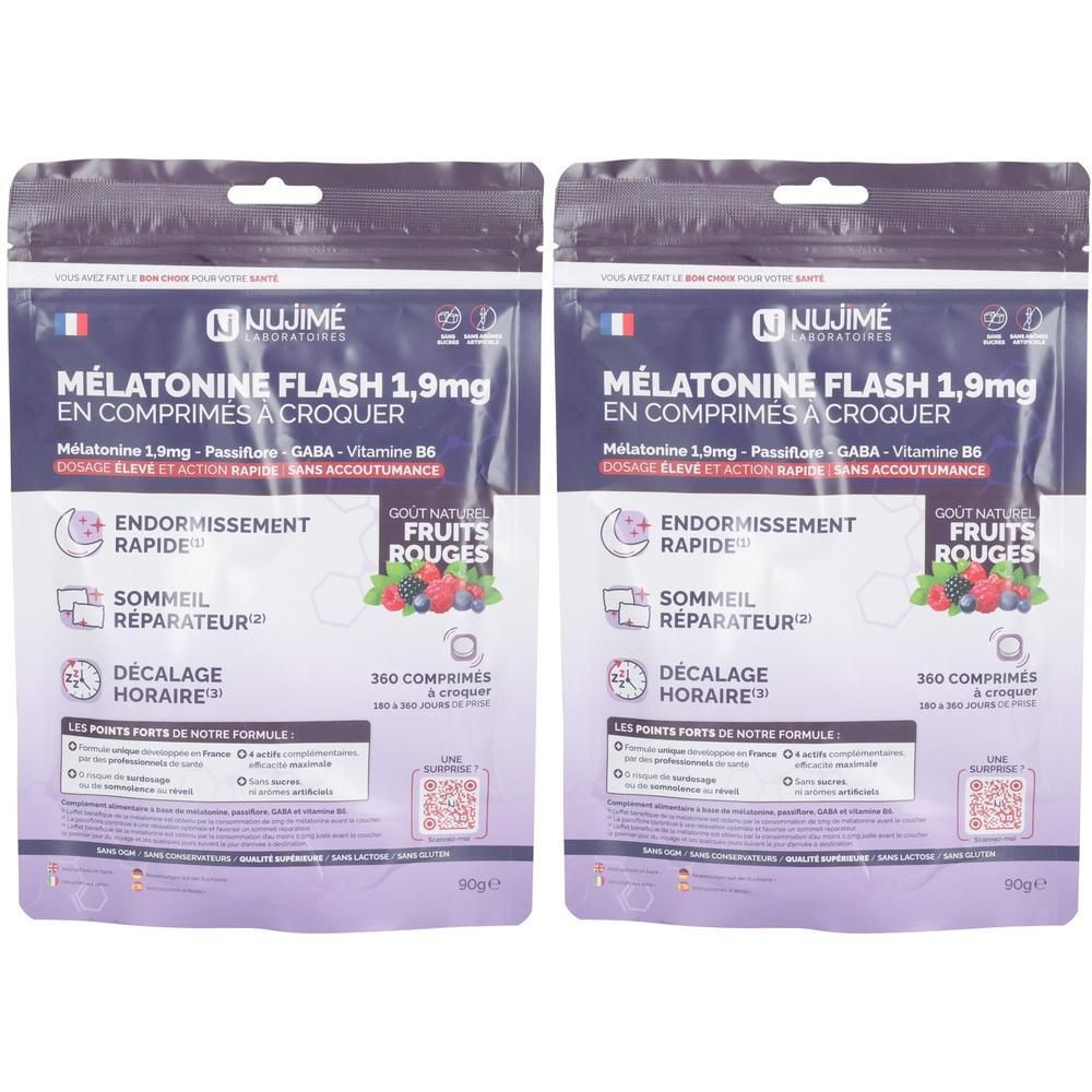 Deux sachets de comprimés. Inscription : Mélatonine Flash 1,9mg, 360 comprimés. Illustrations de fruits et logos.