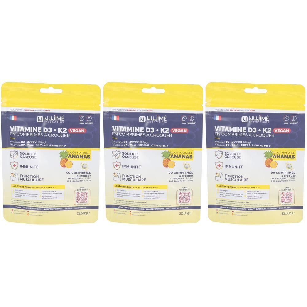Trois sachets de "VITAMINE D3 + K2 VEGAN". Emballage jaune avec informations produit et image d'ananas.