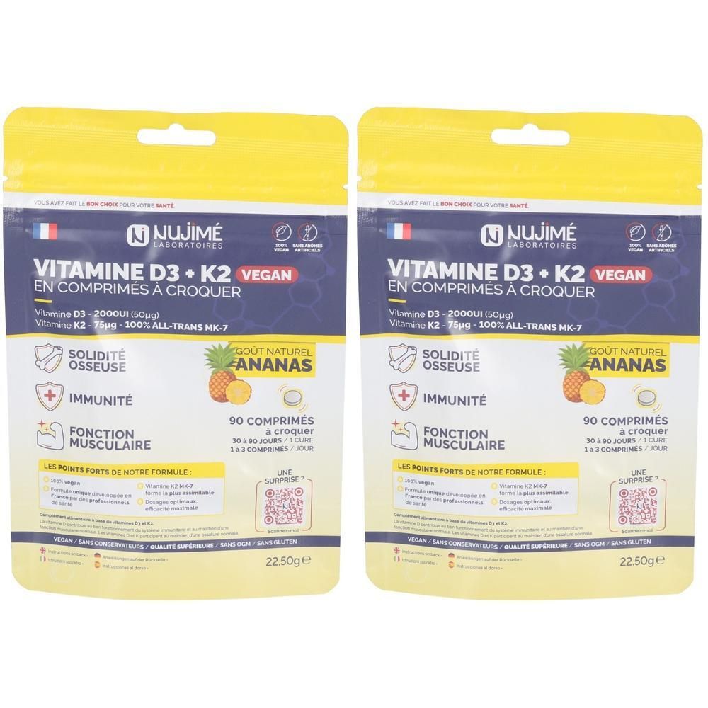 Deux sachets de Vitamine D3 + K2. Inscription : Vegan, 90 comprimés, goût ananas. Marque : Nujime.