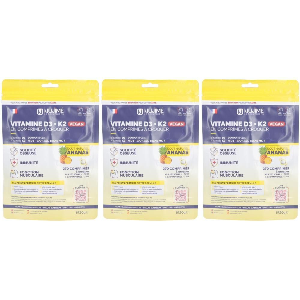 Trois sachets de vitamine D3 + K2. Inscription : « En comprimés à croquer ». Emballage jaune et bleu. Contient 270 comprimés. Vegan.