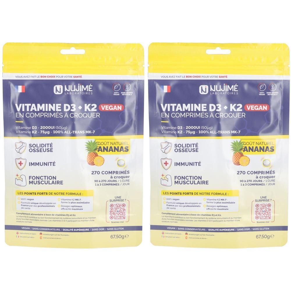 Deux sachets de comprimés Vitamine D3 + K2. Inscription: Nujimé, Vegan, 270 comprimés, goût ananas. Emballage jaune et blanc.
