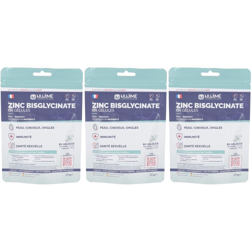 Trois sachets de "ZINC BISGLYCINATE EN GELULES". Inscriptions : Peau, cheveux, ongles, immunité, santé sexuelle. Contient 60 gélules.