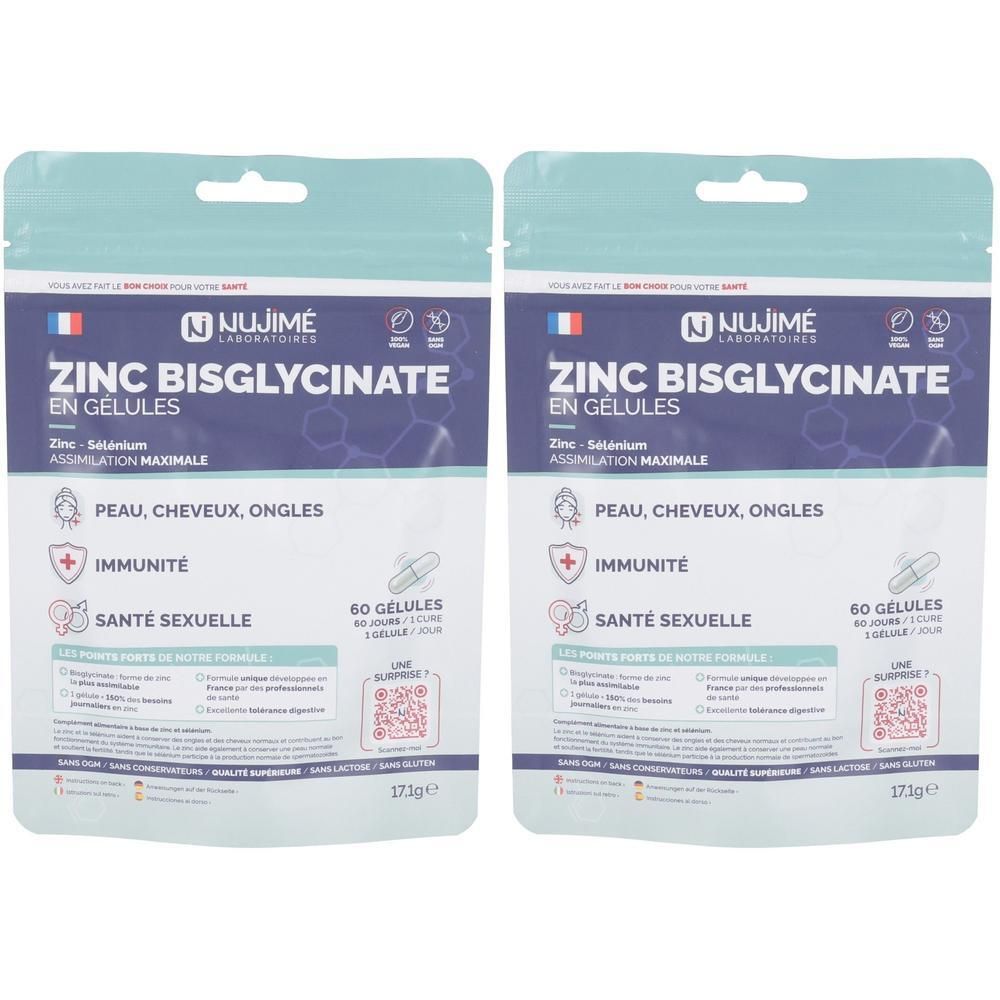 Deux sachets de compléments alimentaires. Inscription: ZINC BISGLYCINATE EN GÉLULES. Contient 60 gélules. Marque: NUJIMÉ. Pour peau, cheveux, ongles, immunité, santé sexuelle.
