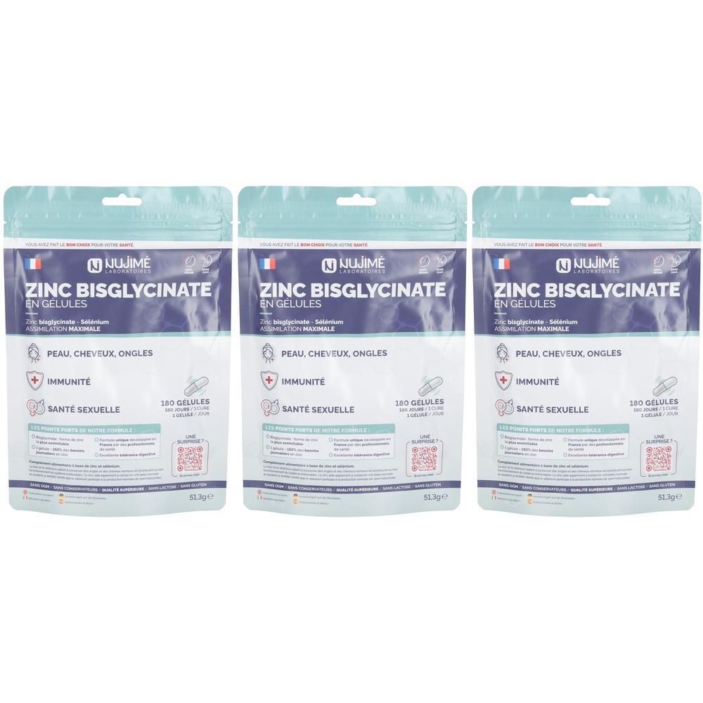 Trois sachets de gélules de Zinc Bisglycinate. Inscription: Peau, Cheveux, Ongles, Immunité, Santé Sexuelle. Marque: JUJIME.