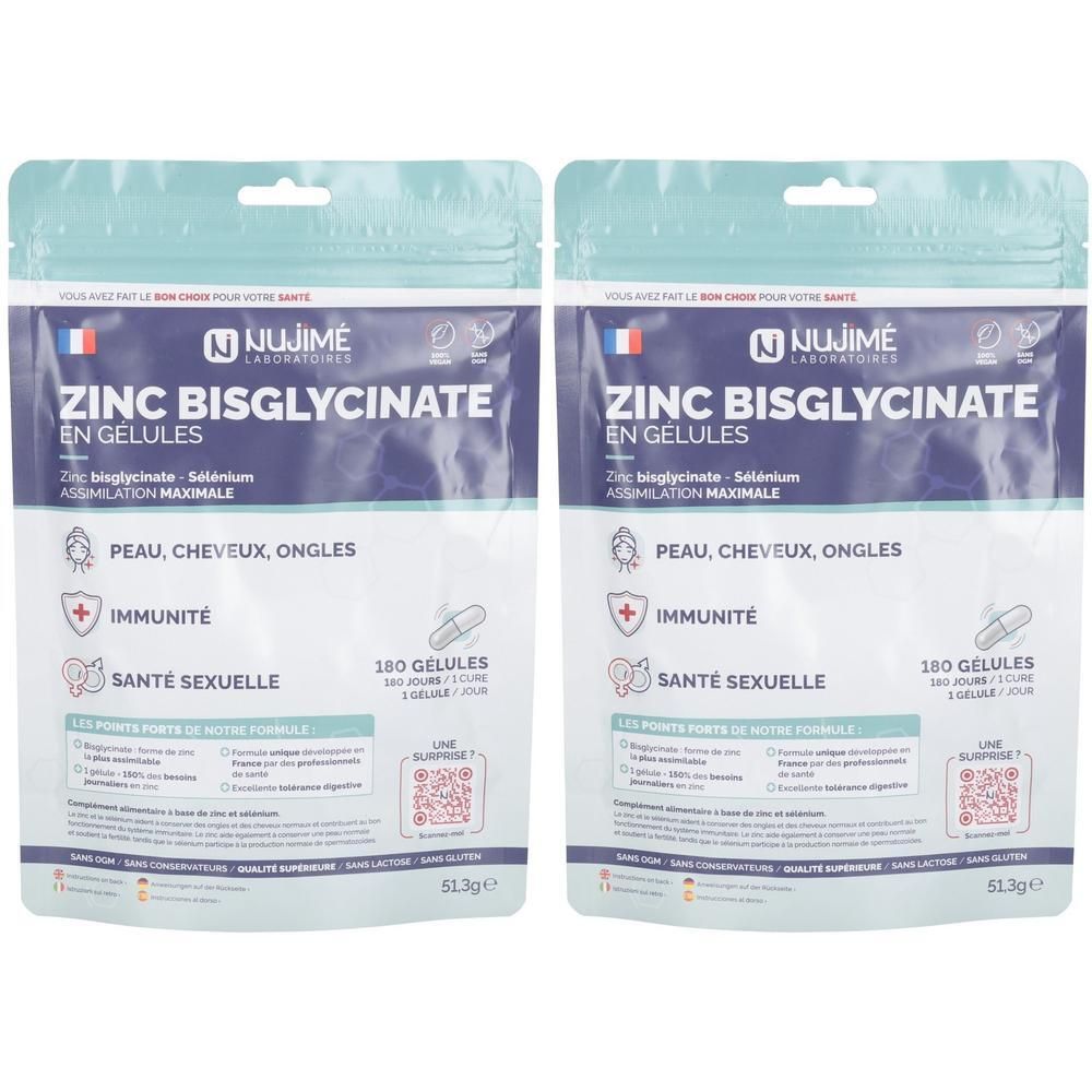 Deux sachets de gélules de Zinc Bisglycinate. Inscriptions : Peau, Cheveux, Ongles, Immunité, Santé Sexuelle. 180 Gélules. Marque : Nujime.