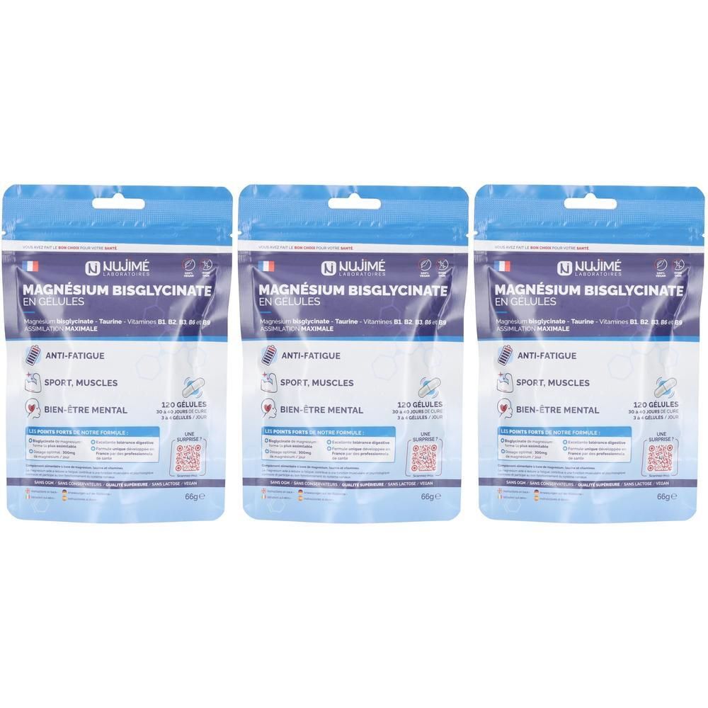 Trois sachets de compléments alimentaires. Inscription: Magnésium Bisglycinate, Anti-fatigue, Sport, Muscles, Bien-être mental. Marque: Ujime.
