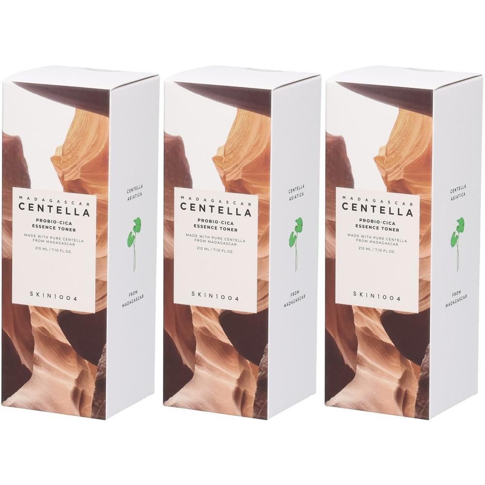 Trois boîtes blanches avec un motif de paysage brun. Chaque boîte porte l'inscription "CENTELLA PROBIO-CICA ESSENCE TONER".