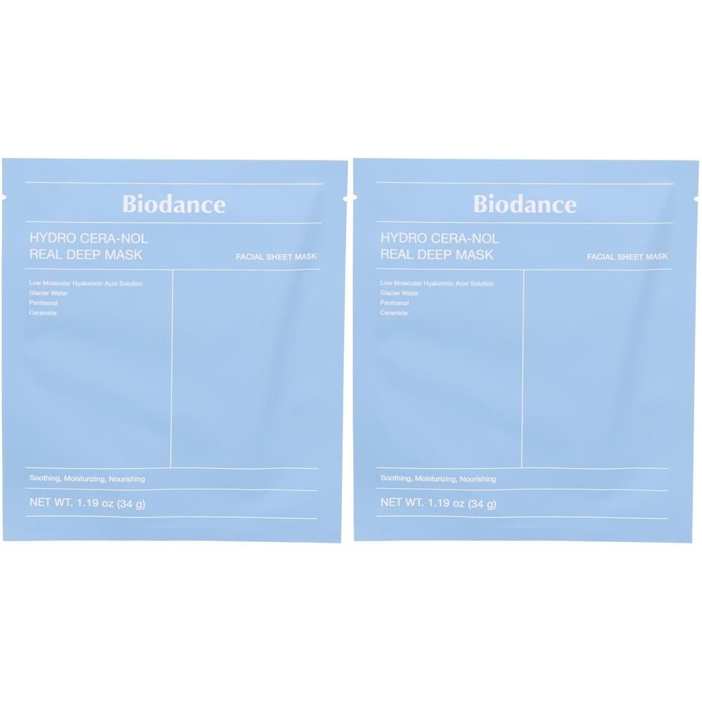 Deux sachets bleus avec texte blanc. Inscription : Biodance, HYDRO CERA-NOL REAL DEEP MASK. Poids net 1.19 oz (34 g).