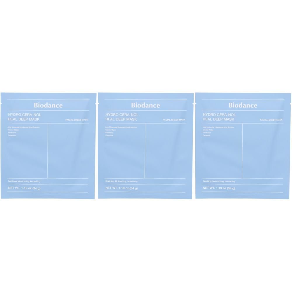 Trois sachets carrés bleu clair. Chaque sachet porte la marque "Biodance" et l'inscription "HYDRO CERA-NOL REAL DEEP MASK".