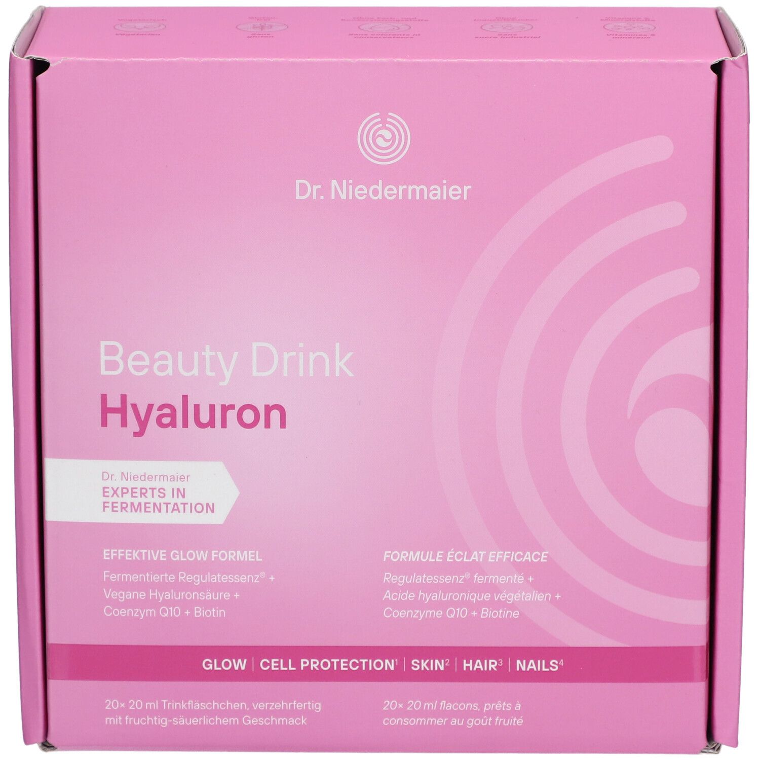Emballage Dr. Niedermaier Beauty Drink Hyaluron. Boîte rose avec informations produit et nom de marque.