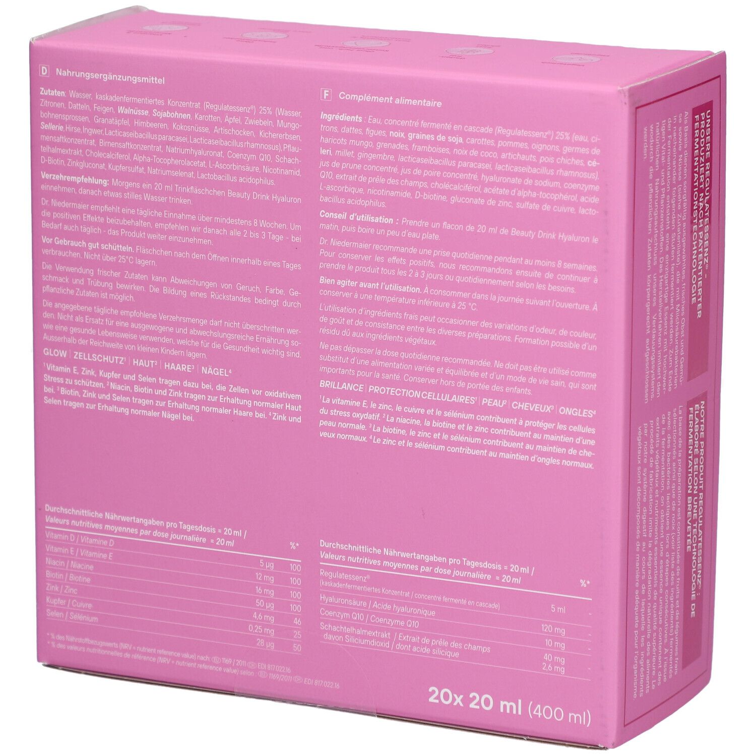 Arrière de l'emballage Dr. Niedermaier Beauty Drink Hyaluron. Contient des informations nutritionnelles détaillées et des instructions d'utilisation.