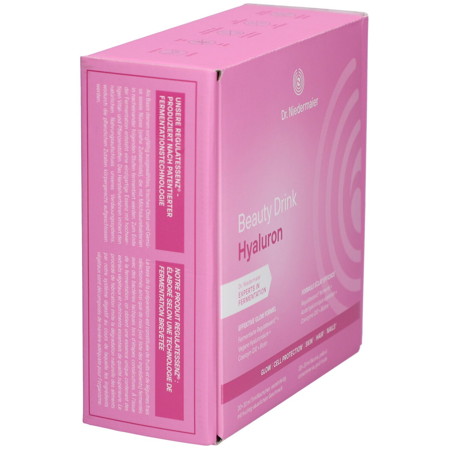 Vue latérale de l'emballage Dr. Niedermaier Beauty Drink Hyaluron. Boîte rose avec texte en allemand et en français.