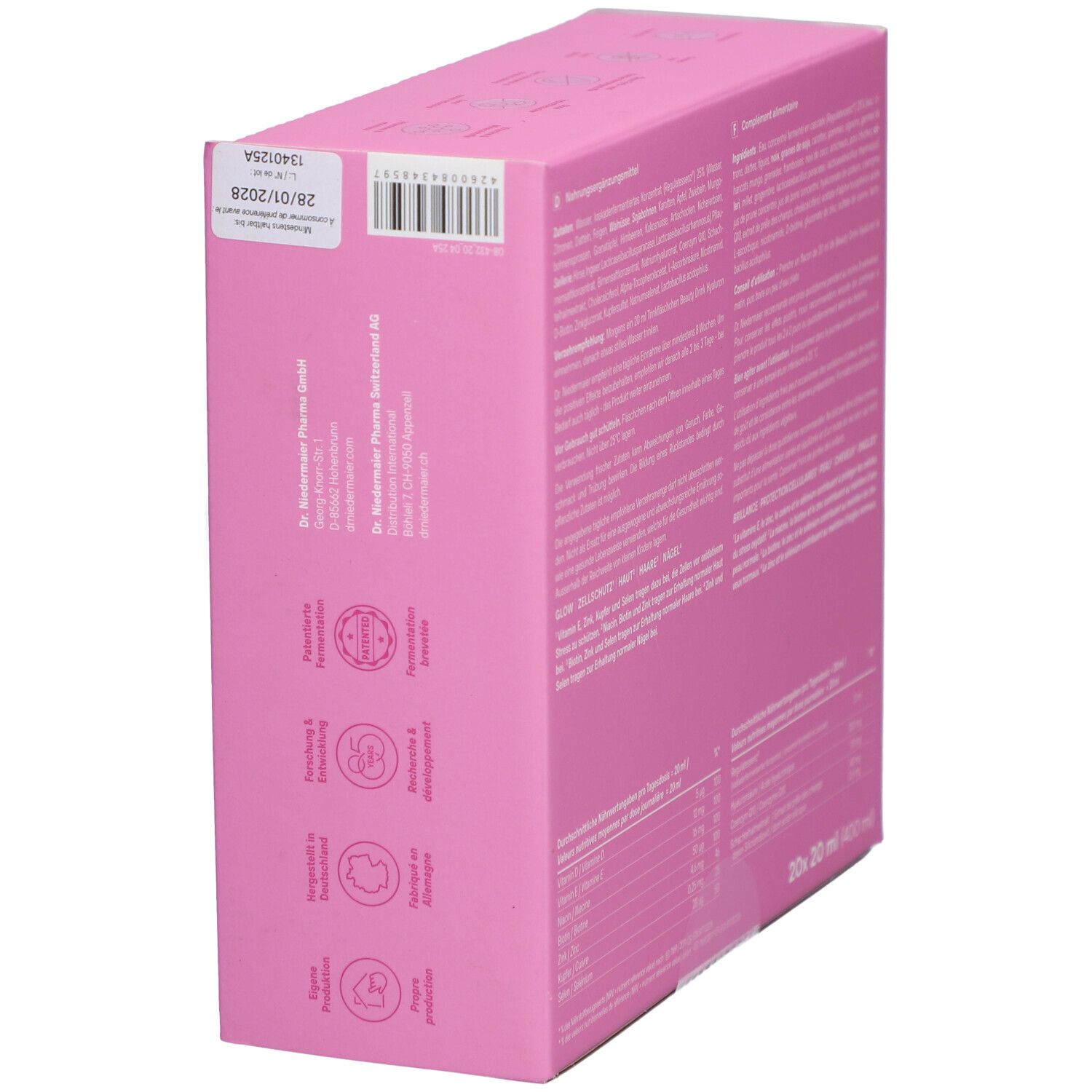 Vue latérale de l'emballage Dr. Niedermaier Beauty Drink Hyaluron. Comprend la date de péremption et des sceaux.