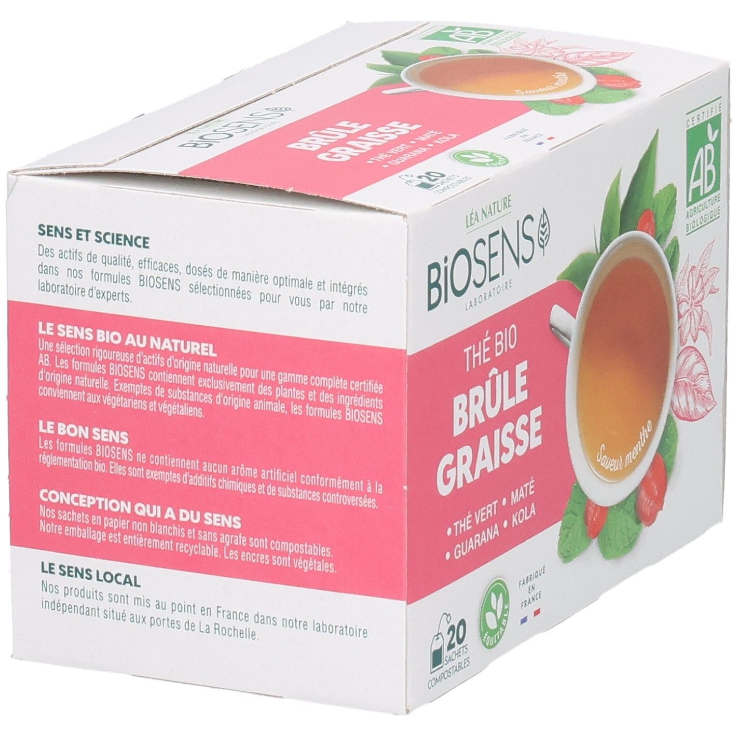 Arrière d'une boîte de 20 sachets de thé bio brûle-graisses, avec liste d'ingrédients et logos.