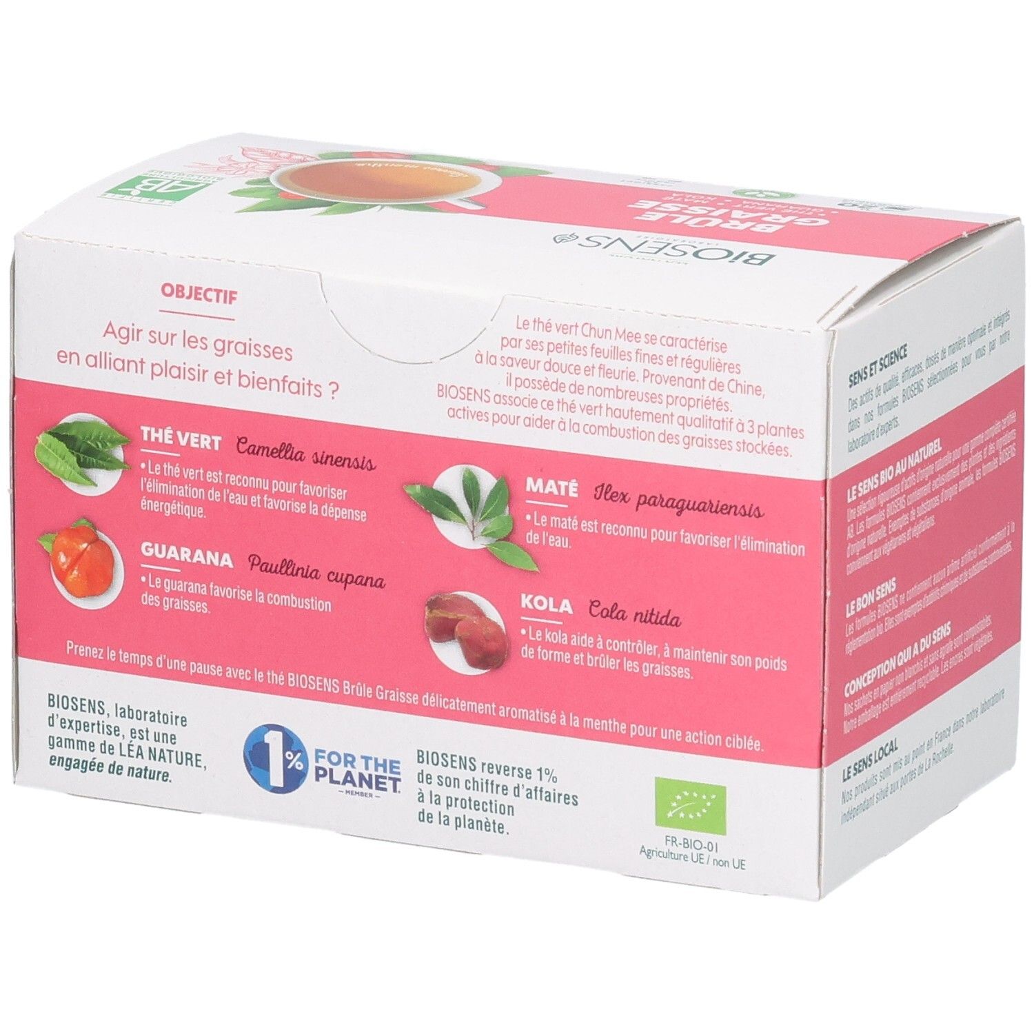 Vue latérale d'une boîte de 20 sachets de thé bio brûle-graisses, avec représentations d'ingrédients.