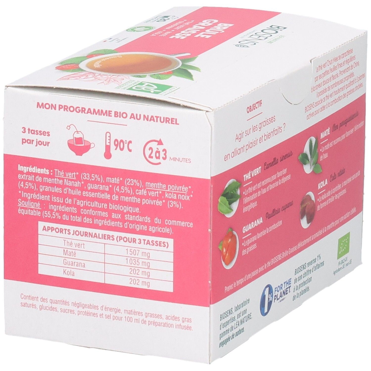 Vue latérale d'une boîte de 20 sachets de thé bio brûle-graisses, avec informations nutritionnelles et logos.