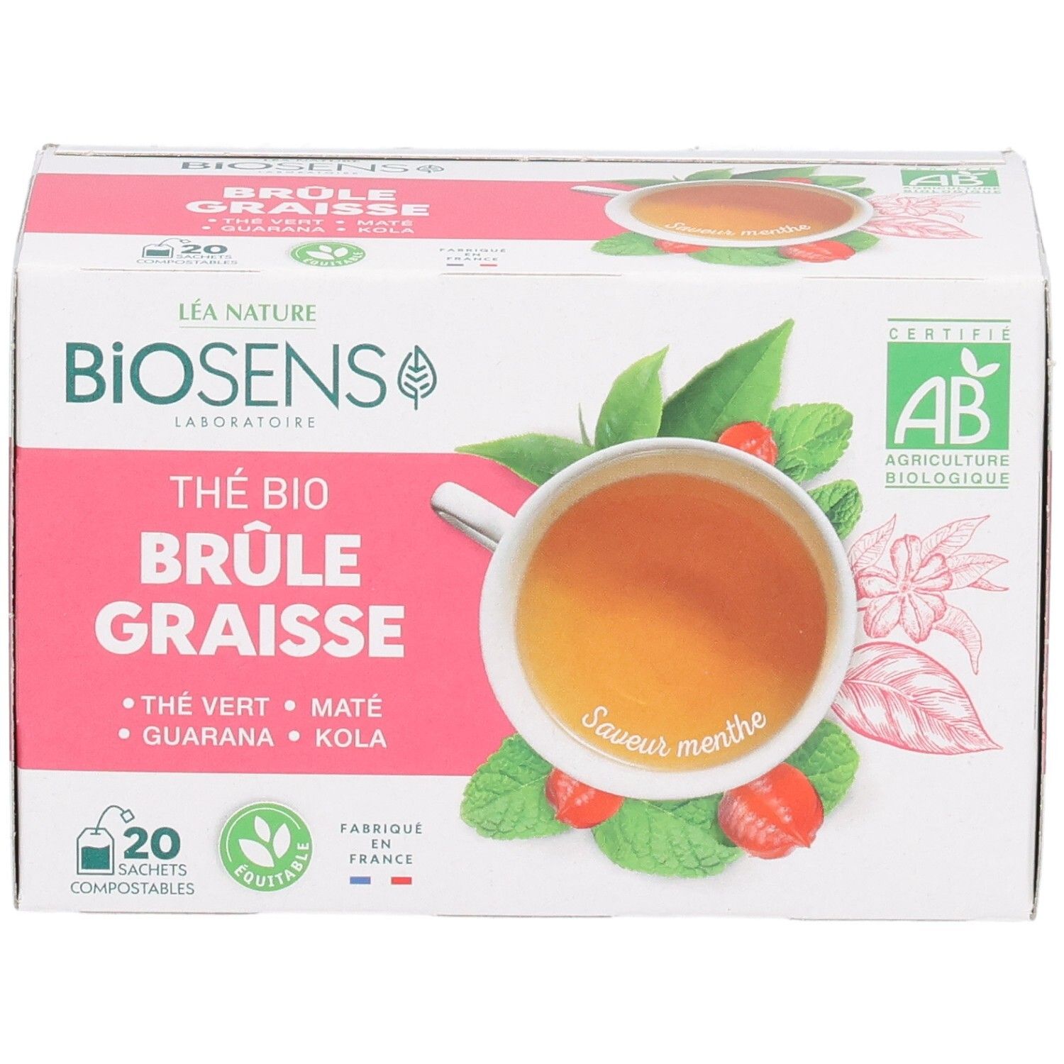 Face avant d'une boîte de 20 sachets de thé bio brûle-graisses, avec tasse de thé et logos.