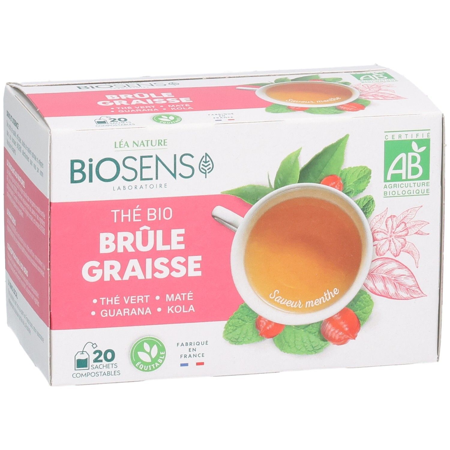 Boîte de 20 sachets de thé bio brûle-graisses, avec tasse de thé, feuilles vertes et logos.