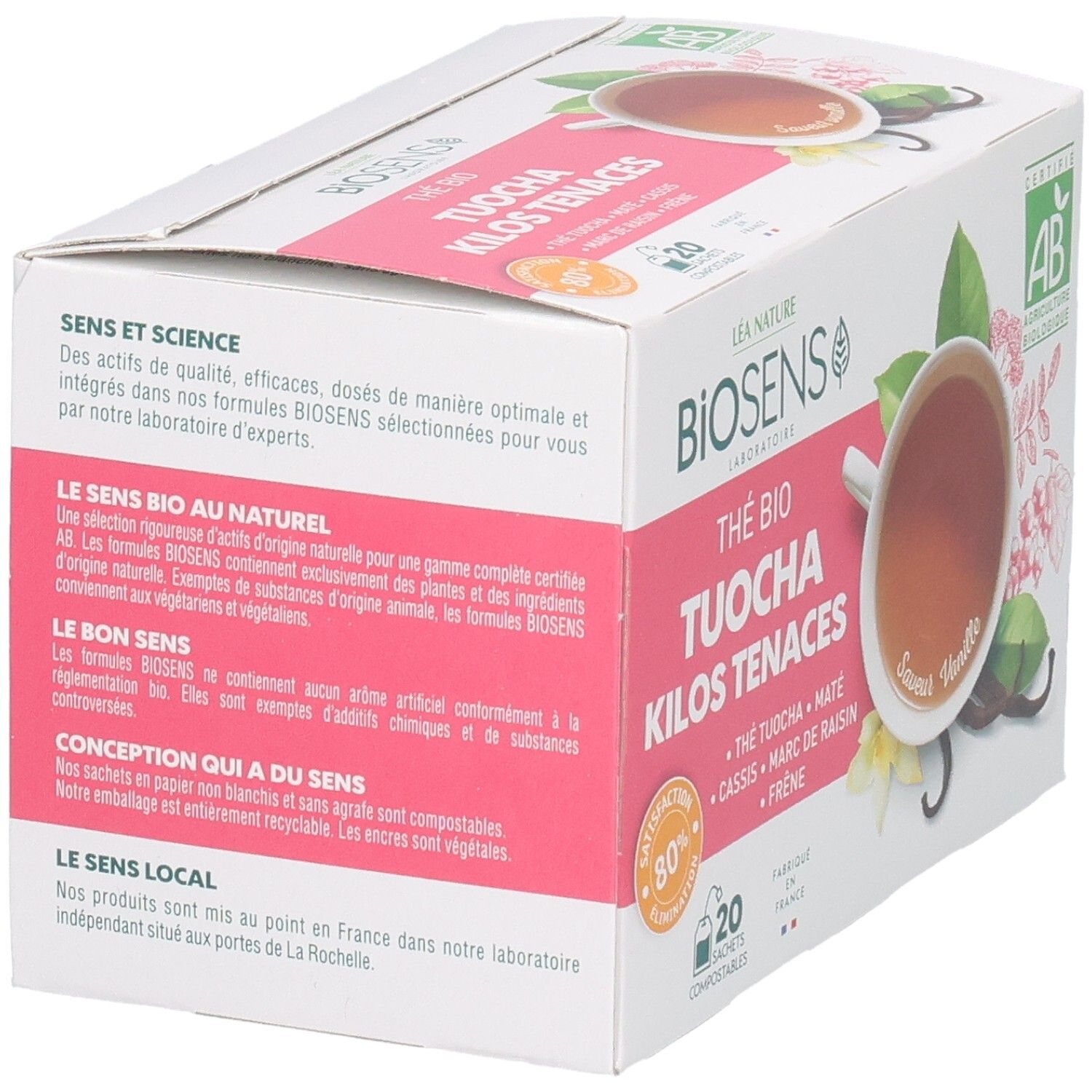 Arrière d'une boîte de 20 sachets de thé bio, informations sur les ingrédients et l'origine.